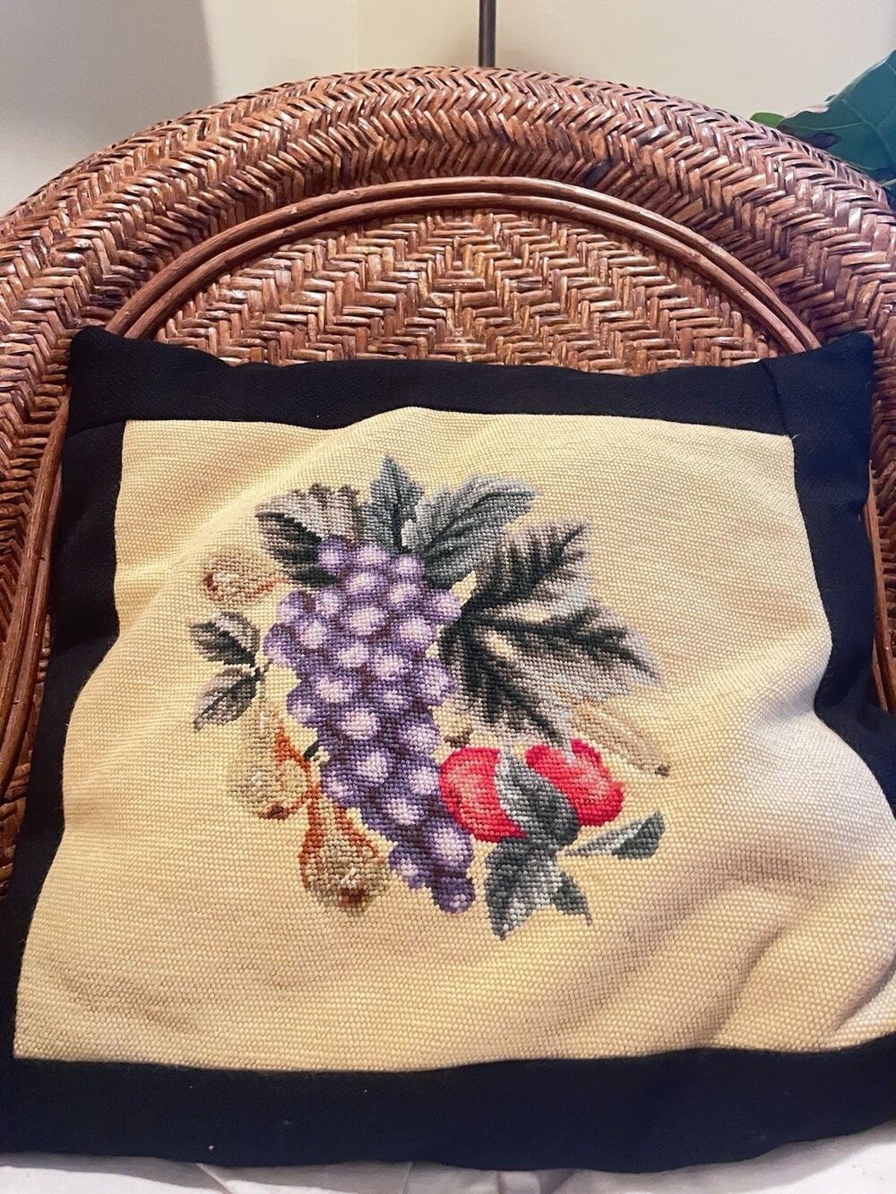 Vintage Large Wool Needlepoint Pillow Floral Fruits / Black Border 22”x22” Home